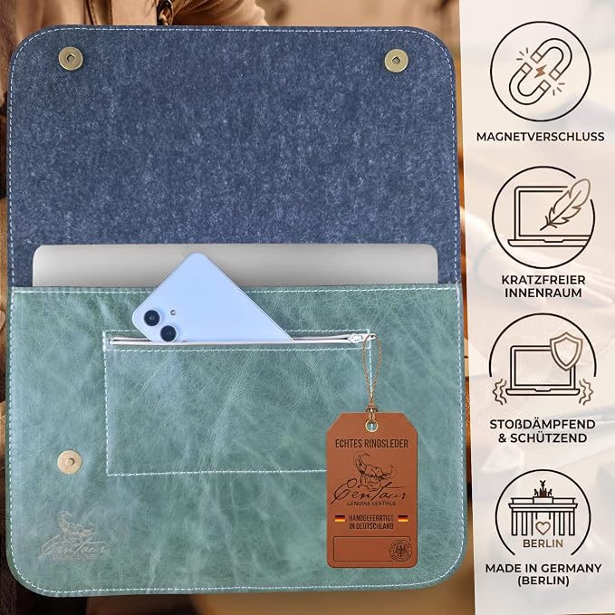 Centaur Premium Laptop Tasche aus echtem italienischen Leder & 100% Wollfilz