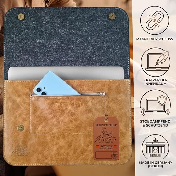 Centaur Premium Laptop Tasche aus echtem italienischen Leder & 100% Wollfilz